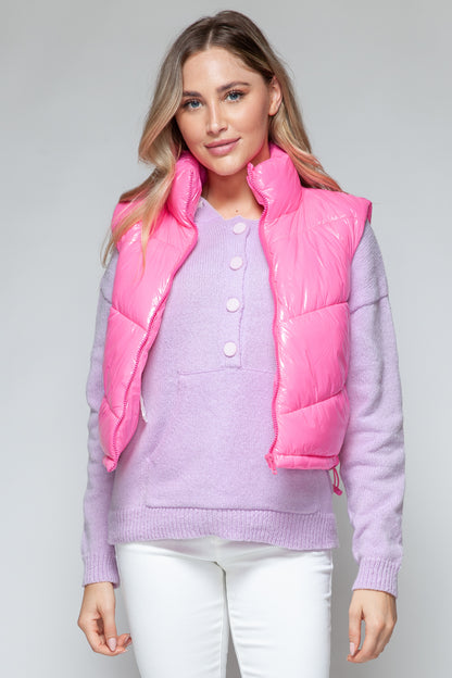 Zip Up Turtleneck Shiny Quilted Vest- PINK