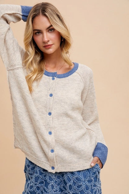 Contrast Trim Button Down Raglan Sleeve Cardigan