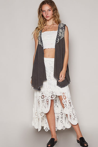 Embroidered Pearls Open Front Sleeveless Cardigan