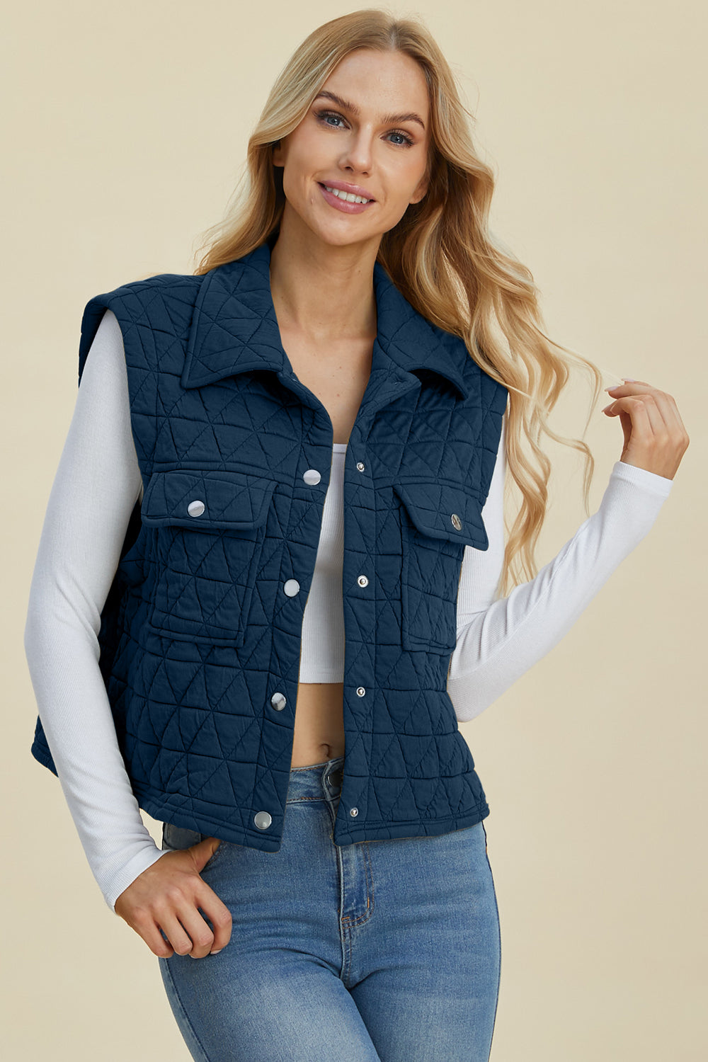 Full Size Pocketed Texture Snap Down Vest Coat