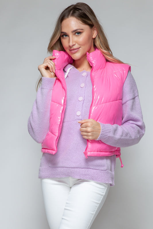 Zip Up Turtleneck Shiny Quilted Vest- PINK