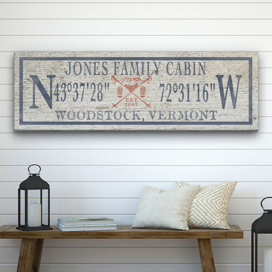 Personalized Coordinates Canvas Ski Lodge Sign - Family Name Cabin Decor