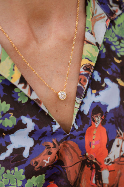 Large Rhinestone Bezel Necklace - 18k Gold Plated