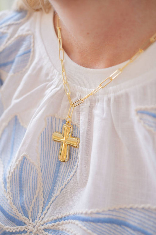 Puffy Cross Necklace with gold chain - 18k Plated Necklace